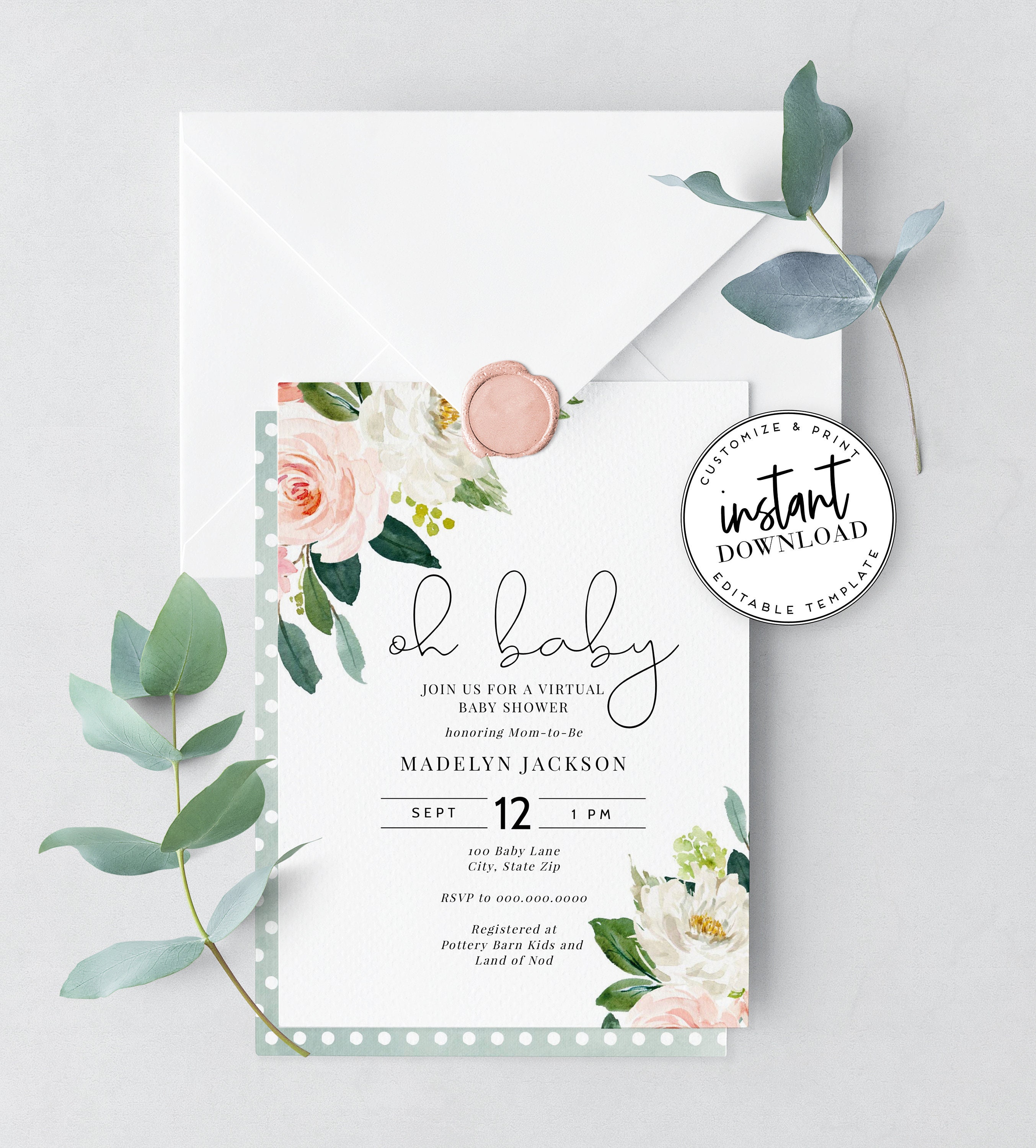 Blush Pink Floral Baby Shower Invitation, Virtual Baby ...