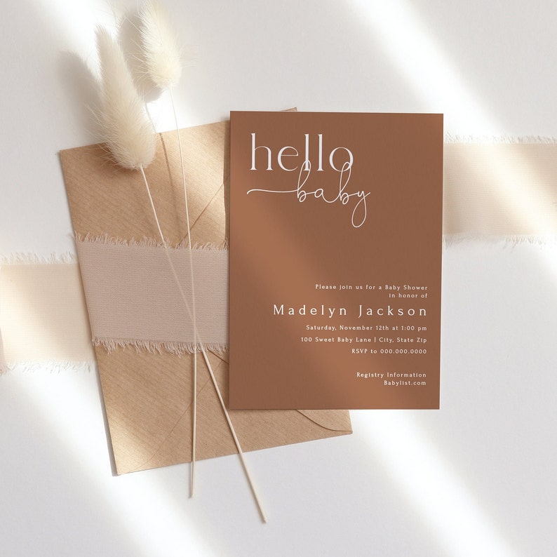 Customizable Hello Baby Fall Baby Shower Invitation Template, Burnt Orange Baby Shower Digital Invite, Modern Minimal Shower id:16850427 image 1