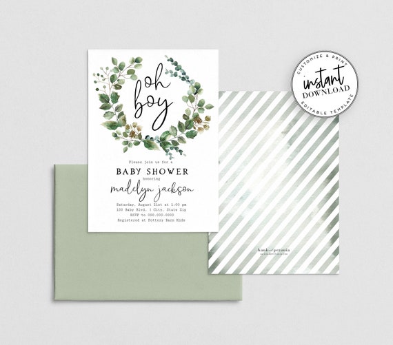 Oh Boy Green Baby Shower Invitation, Eucalyptus and Greenery Baby Shower  Invite Template, Baby Shower Instant Download [id:4397601,4397781]