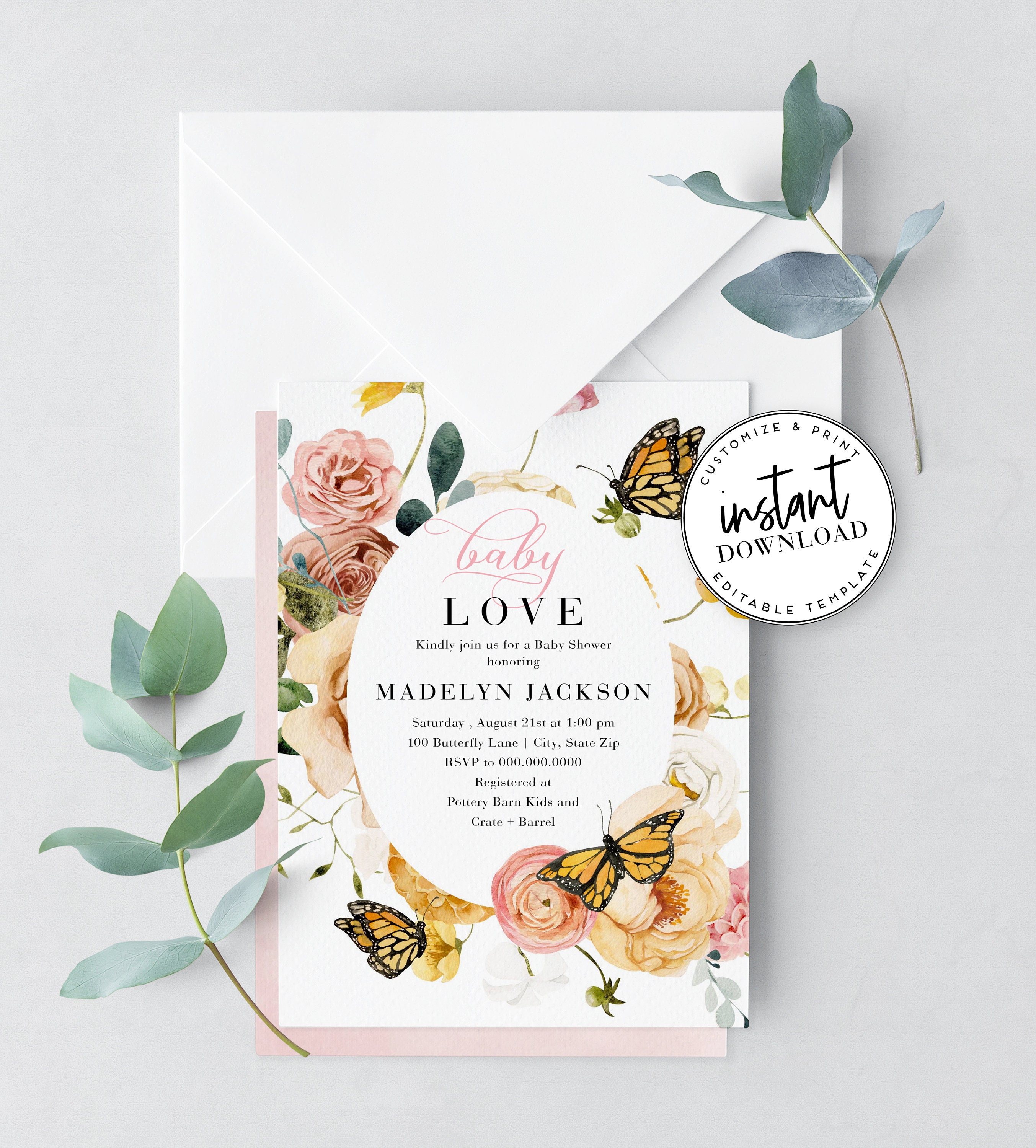 Butterfly Baby Shower Invitation, Flowers and Butterflies Baby Shower