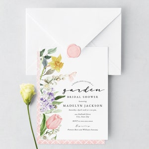 Spring Tulip and Daffodil Garden Bridal Shower Invitations, Floral Bee and Butterfly Bridal Shower Invites, Instant Download id:5978803 image 2