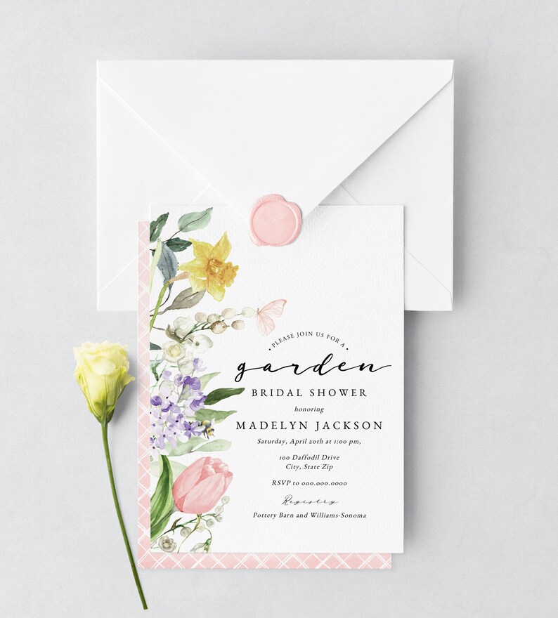 Spring Tulip and Daffodil Garden Bridal Shower Invitations, Floral Bee and Butterfly Bridal Shower Invites, Instant Download id:5978803 image 2