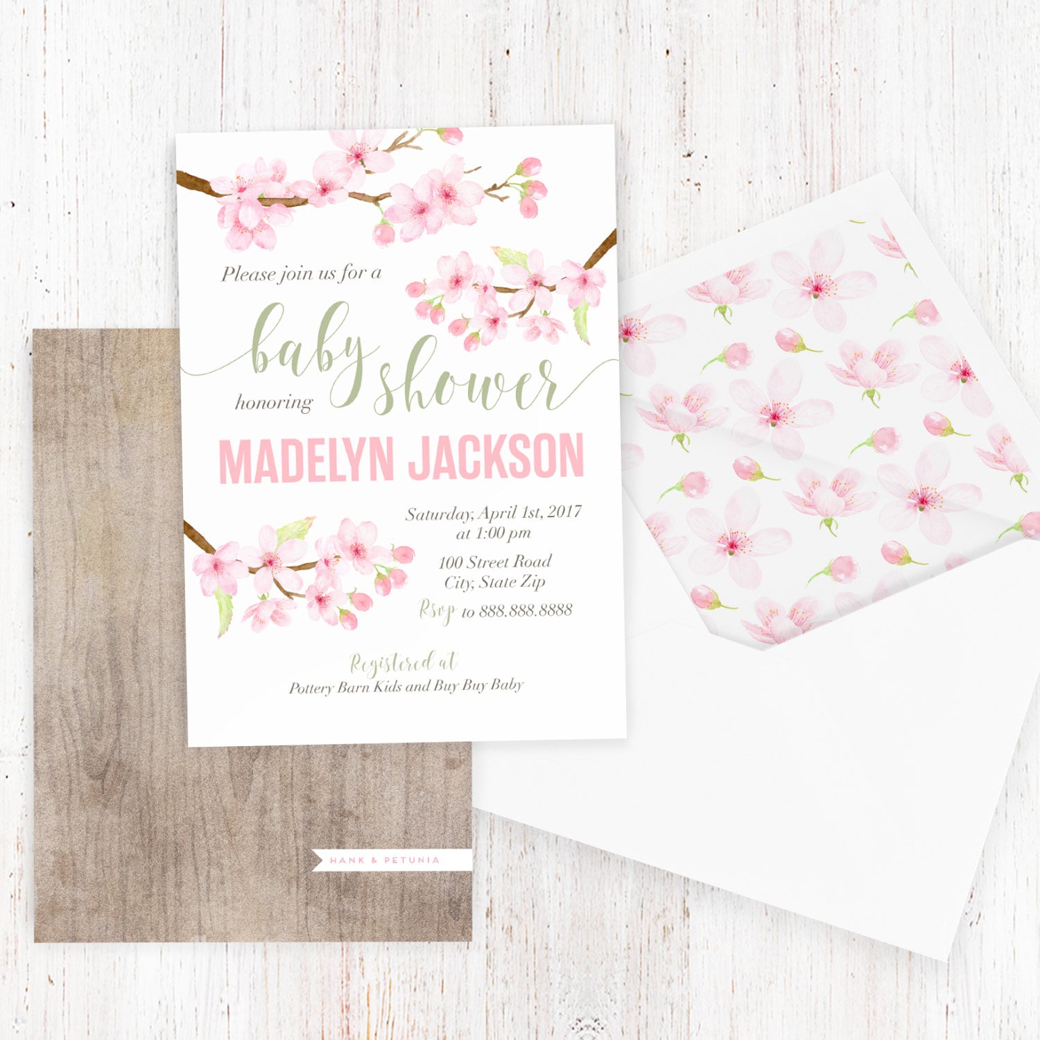 Cherry Blossom Baby Shower Invitation Watercolor Floral Baby