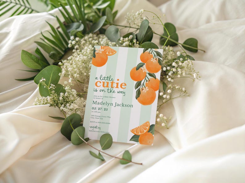 Little Cutie Baby Shower Invitation, Orange Baby Shower Digital Invite Template, Summer Citrus Baby Shower Instant Download [id:32477353] image 4