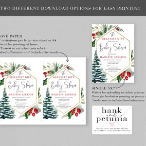 Peut inclure: Deux mod&egrave;les imprimables pour une invitation de baby shower sur le th&egrave;me de l'hiver. Le design pr&eacute;sente un hexagone dor&eacute; avec une illustration aquarelle d'un pin enneig&eacute;, du houx et des baies rouges. Le texte indique "The Greatest Gift" et "Baby Shower" en police d'&eacute;criture dor&eacute;e scintillante. L'invitation est disponible en deux tailles&nbsp;: 5x7 pouces et 2 par feuille de format lettre ou A4.