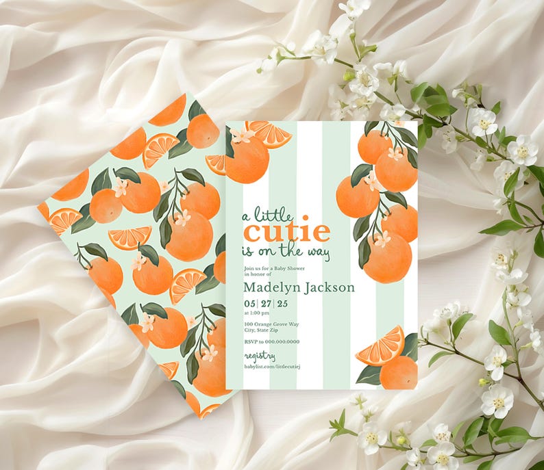 Little Cutie Baby Shower Invitation, Orange Baby Shower Digital Invite Template, Summer Citrus Baby Shower Instant Download [id:32477353] image 5