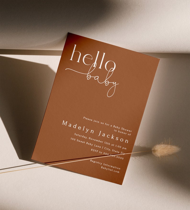 Customizable Hello Baby Fall Baby Shower Invitation Template, Burnt Orange Baby Shower Digital Invite, Modern Minimal Shower id:16850427 image 5