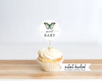 Set of 3 Customizable Butterfly Baby Shower Cupcake Toppers or Stickers, Butterfly Favor Template, Instant Download [id:6548322]