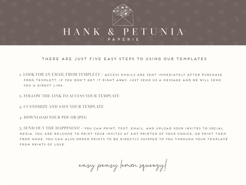 Op de afbeelding: Een witte achtergrond met bruine bloemenpatronen en de tekst "HANK & PETUNIA PAPERIE" in zwart. De tekst "THERE ARE JUST FIVE EASY STEPS TO USING OUR TEMPLATES" staat ook in zwart. De vijf stappen staan onder de tekst. De tekst "easy peasy lemon squeezy!" staat onderaan de afbeelding.