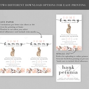 May include: Two printable baby shower invitations featuring a watercolor illustration of a bunny rabbit with the text "Some Bunny is Having a Baby!" and floral accents. The invitations are available in two sizes: 5x7 inches and a size that prints two invitations per letter size sheet.