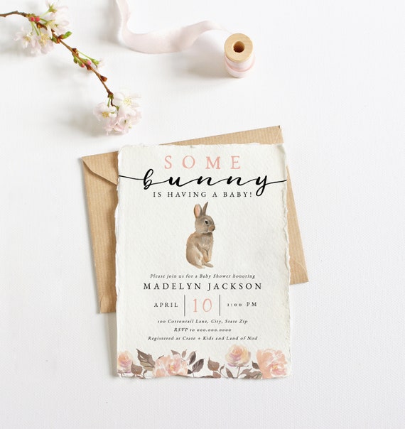 Bunny Spring Baby Shower Invitation, Spring Floral Baby Shower Digital Invite Template, Bunny Rabbit Instant Download [id:5810540]