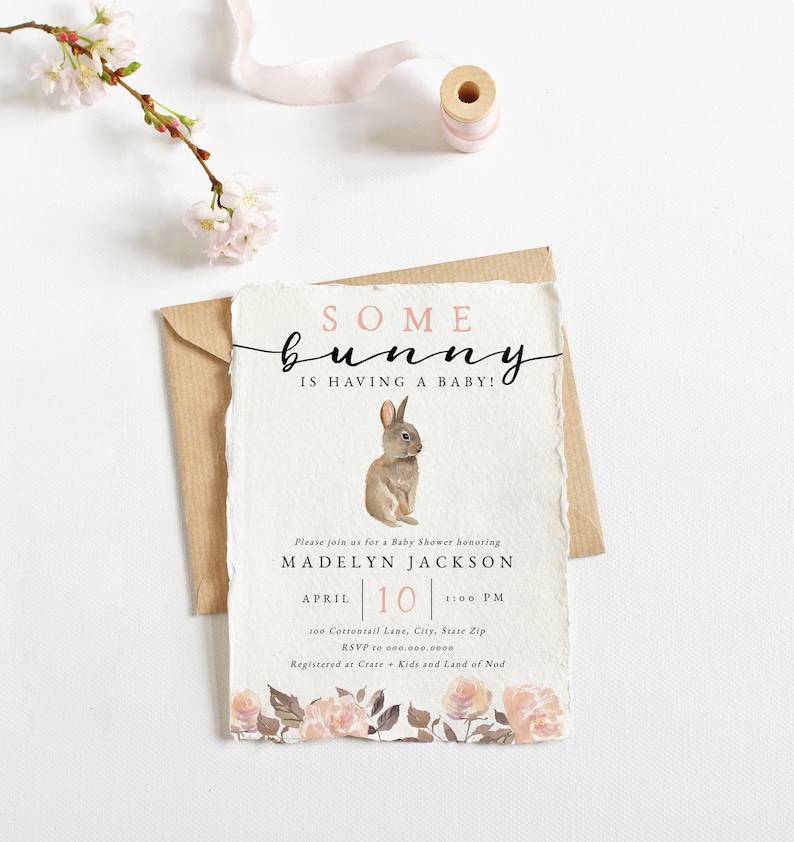 Bunny Spring Baby Shower Invitation, Spring Floral Baby Shower Digital Invite Template, Bunny Rabbit Instant Download [id:5810540] image 1