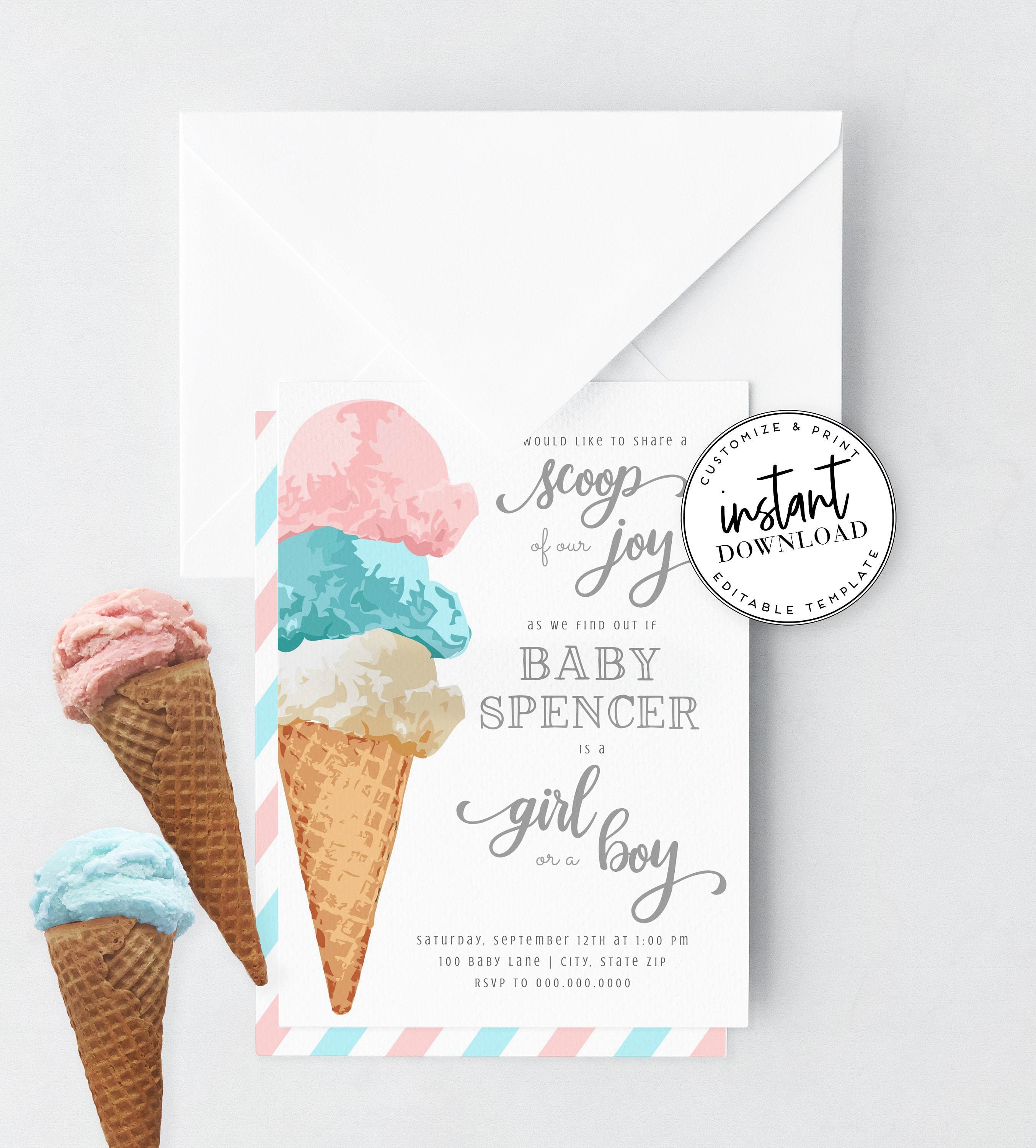 Ice Cream Gender Reveal Invitation, Pink and Blue Gender Reveal Invite