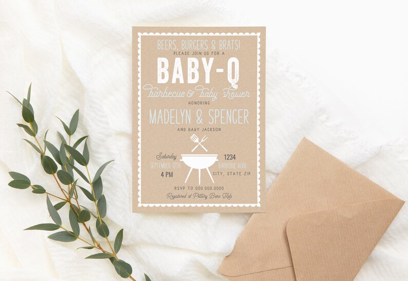 Puede incluir: Una invitaci&oacute;n de baby shower de papel marr&oacute;n con texto blanco. La invitaci&oacute;n dice "Beers, Burgers & Brats! Please join us for a Baby-Q Barbecue & Baby Shower Honoring Madelyn & Spencer and Baby Jackson. Saturday, September 16th, 4 PM, 1234, City, State Zip. RSVP to 000 000 0000. Registered at Pottery Barn Kids."