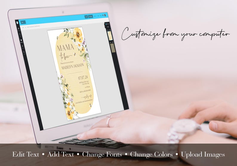 Op de afbeelding: Een digitaal ontwerp sjabloon voor een babyshower uitnodiging. Het ontwerp heeft een gele achtergrond met een bloemenpatroon en de tekst "Mama to be" en "Madelyn Jackson".