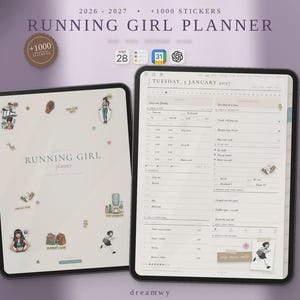Puede incluir: Una agenda digital Running Girl para 2026-2027 mostrada en dos tabletas con un lápiz óptico. La portada presenta varias pegatinas, mientras que la página interior muestra un horario diario para el martes 3 de enero de 2027, con secciones para tareas, objetivos y notas.