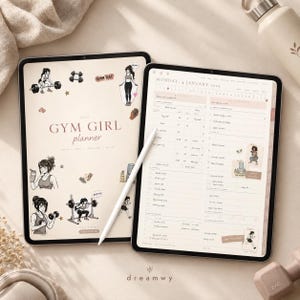 May include: Two tablets displaying a digital planner titled Gym Girl Planner with illustrations of people exercising, including weightlifting and jump rope. The screen shows a daily schedule for Monday, 4 January 2027, with a white stylus resting on top.