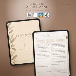 May include: A digital ADHD planner for 2026 and 2027 displayed on two tablets. The cover features a beige background with brown leaf illustrations and the text "PLANNER 2027". The second screen shows a daily schedule for Friday, January 1st.
