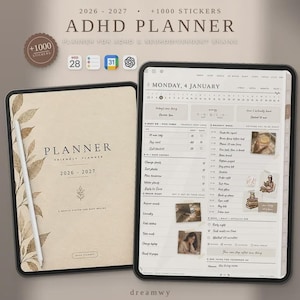 May include: A digital ADHD planner for 2026-2027 displayed on two tablets. The left screen shows a beige cover with gold leaf illustrations and the text PLANNER 2026-2027. The right screen displays a daily schedule for Monday, 4 January.