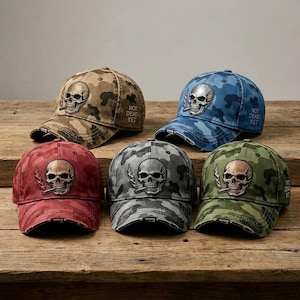 Vintage Skull Pattern Camo Trucker Hat, Custom Distress Initial Name, Biker Road Trip Dad Cap
