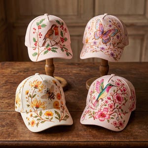 May include: Four baseball caps in light pink and cream colors, each featuring detailed illustrations. One cap shows a robin with holly, another a butterfly with flowers, a third a bee with yellow flowers, and the fourth a hummingbird with pink blossoms.