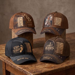 Peut inclure: Quatre casquettes de baseball avec des textes et graphismes religieux. Deux sont marron avec le texte 'Woman of God' et des prénoms comme Jennifer et Sophia. Deux sont noir et marron avec 'Man of God' ou 'My Identity in Christ'.