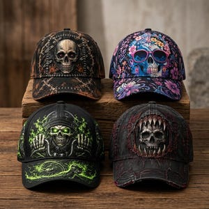 Boné Trucker Vintage com Estampa de Caveira Gótica, Inicial Personalizada em Metal, Ideal para Festas Rock de Halloween