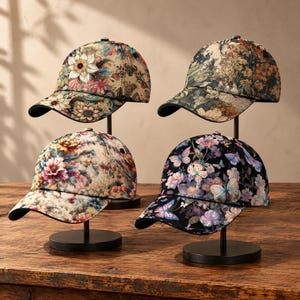 May include: Four baseball caps displayed on black stands. The top left cap features a cream base with large floral patterns. The top right cap has a dark botanical print. The bottom left cap shows a dense floral design. The bottom right cap displays butterflies and flowers on a black background.