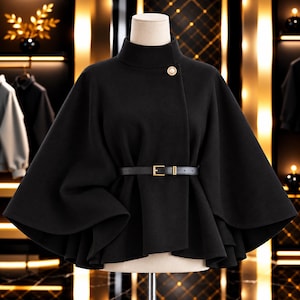Elegant Woolen Cape Jacket: Flared Sleeves, High Neck, Belted Waist