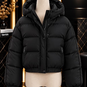 May include: A black cropped puffer jacket featuring a hood, a front zip closure with a snap-button placket, long sleeves with ribbed cuffs, and two zipped side pockets. The jacket has a horizontal quilted pattern and a ribbed hemline.