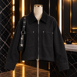 May include: A black zip-up jacket with a collared neckline, long sleeves, and two front patch pockets featuring silver-toned metal rivets. A black shoulder bag with silver grommets and a dangling double star charm is attached to the jacket strap.