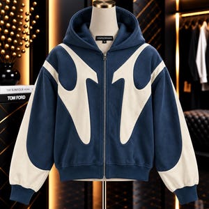 Puede incluir: Una sudadera con capucha y cremallera en color azul marino que presenta un gran gráfico abstracto en forma de llama de color crema en los paneles frontales y las mangas. Incluye una cremallera metálica, capucha y una etiqueta negra con el texto VESPERWEARS.