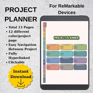 May include: A digital project planner for ReMarkable devices featuring 13 pages, 12 color-coded project sections, and clickable hyperlinks. The interface displays a main menu with 12 distinct colored boxes labeled Project 1 through Project 12.