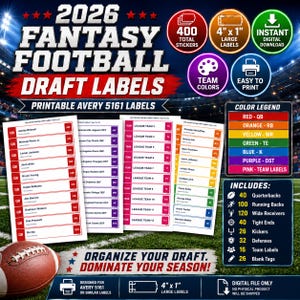 Puede incluir: Una descarga digital de etiquetas de draft de fútbol fantástico 2026 para hojas Avery 5161. El set incluye 400 pegatinas de 10,16 cm por 2,54 cm, con categorías codificadas por colores para quarterbacks, running backs, wide receivers, tight ends, kickers, defensas y etiquetas de equipo con una leyenda de colores.