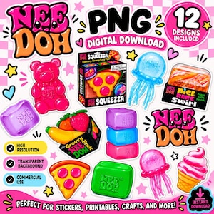 May include: A digital download set of 12 Nee Doh PNG designs featuring colorful squishy toys including a pink bear, blue and pink jellyfish, fruit, pizza slices, ice cream, and cubes with the Nee Doh logo on a pink and white checkered background.