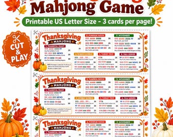 Op de afbeelding: Een printbaar Thanksgiving Mahjong-spelblad met drie scorekaarten op één pagina. Het ontwerp bevat herfstbladeren, pompoenen en eikels met tekst die de spelregels, puntentelling en categorieën zoals Thankful Feast en Pumpkin Patch beschrijft.