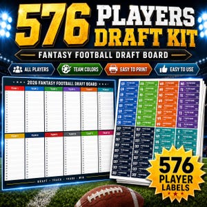 Fantasy Football 12 Team Draft Board & Player Labels Printable | 24x36 Draft Kit | 12 Team League | Football Draft Stickers PDF