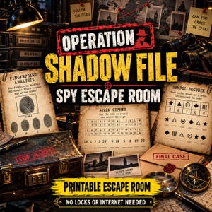 Op de afbeelding: Een printbare spionage escape room kit genaamd Operation Shadow File met verouderde papieren documenten met vingerafdrukanalyse, een A1Z26-cijfercode en een symbooldecoder, inclusief een vintage aktetas, kompas en vergrootglas.