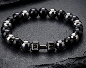 Pulsera LIVE LIFT con diseño de mancuernas - Pulsera de cuentas de ónix negro y hematita para hombre - Joyería para gimnasio y fitness - Pulsera motivacional para levantamiento de pesas - Regalo