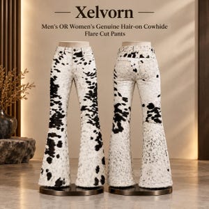 Puede incluir: Un pantalón de corte acampanado hecho de piel de vaca auténtica con un patrón de manchas negras y blancas. El texto Xelvorn y Men's OR Women's Genuine Hair-on Cowhide Flare Cut Pants es visible sobre los dos maniquíes que muestran el frente y la espalda.