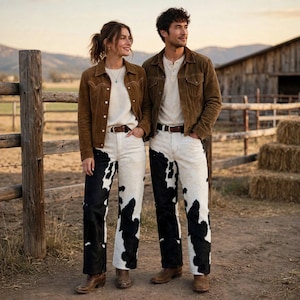 May include: Two individuals wearing brown suede jackets over white shirts and black and white cow-print pants. Each outfit includes a brown leather belt and brown leather boots. The clothing features metal buttons, front pockets, and a classic fit.