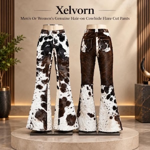 Könnte beinhalten: Zwei Schlaghosen aus echtem Kuhfell mit einem gefleckten braunen, schwarzen und weißen Muster. Der Text Xelvorn und Men's Or Women's Genuine Hair-on Cowhide Flare Cut Pants ist oben im Bild zu sehen.