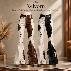May include: Two pairs of flare cut trousers made of genuine hair-on cowhide. One pair features a brown and white cow print, while the other pair features a black and white cow print. Both pairs have a high-waisted design with visible belt loops.