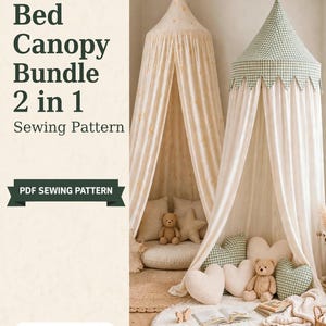 May include: A Bed Canopy Bundle 2 in 1 Sewing Pattern PDF. The image displays two hanging fabric canopies: one cream with gold star patterns and one with a green and white gingham top. Both feature draped curtains and scalloped edges.
