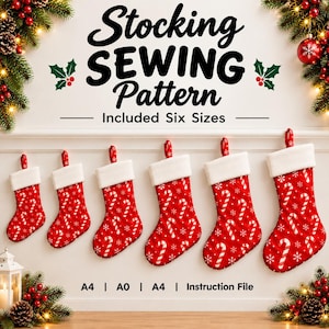 May include: A digital sewing pattern for Christmas stockings, featuring the text Stocking SEWING Pattern Included Six Sizes. Six red stockings with white candy cane and snowflake patterns and white cuffs are displayed in a row.