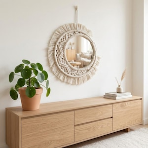 Op de afbeelding: Een ronde wandspiegel omlijst met gebroken wit macramékoord met ingewikkelde knooppatronen en een lange, decoratieve franje. De spiegel is opgehangen aan een bijpassende koordlus en heeft een reflecterend glazen oppervlak met een neutrale rand.