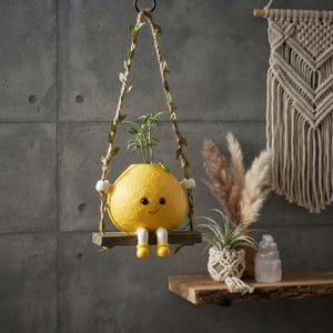 Whimsical Orange Grapefruit Swing Planter: Hand-Painted Resin Succulent Pot (15.3" Height)