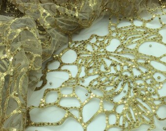 Gold Sequin Fabric E4-059 Black Tulle Stretch Fabric Gold Sequins Gold Fabric