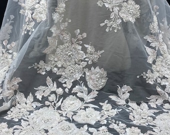 Pink and Ivory Beaded Lace Fabric, Pink Fabric, Pink Lace Fabric, Beaded Lace, Embroidered Lace, Lace Fabric, Pink Lace Material