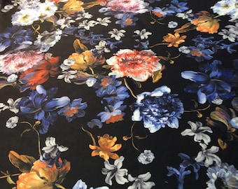 Printed Multicolor Material Fabric, Dress Fabric, Floral Fabric, Floral Print, Black Fabric with Floral Print, Colorful